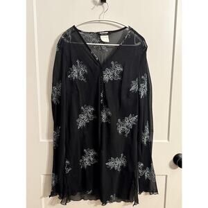 Tall Girl Tunic Blouse XL Black Sheer Embroidered Floral Long Sleeve Boho Lagen